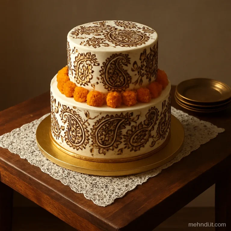 Two-tier cake with brown henna-style piping, marigold flowers and a gold leaf edge