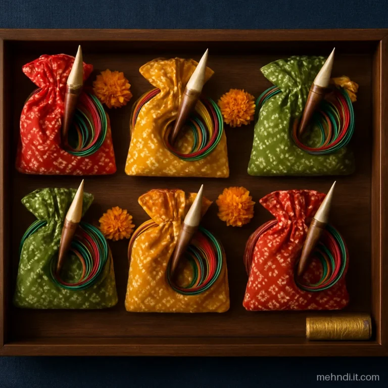 Wooden tray with mini henna cones, glass bangles and small potli bags for guests