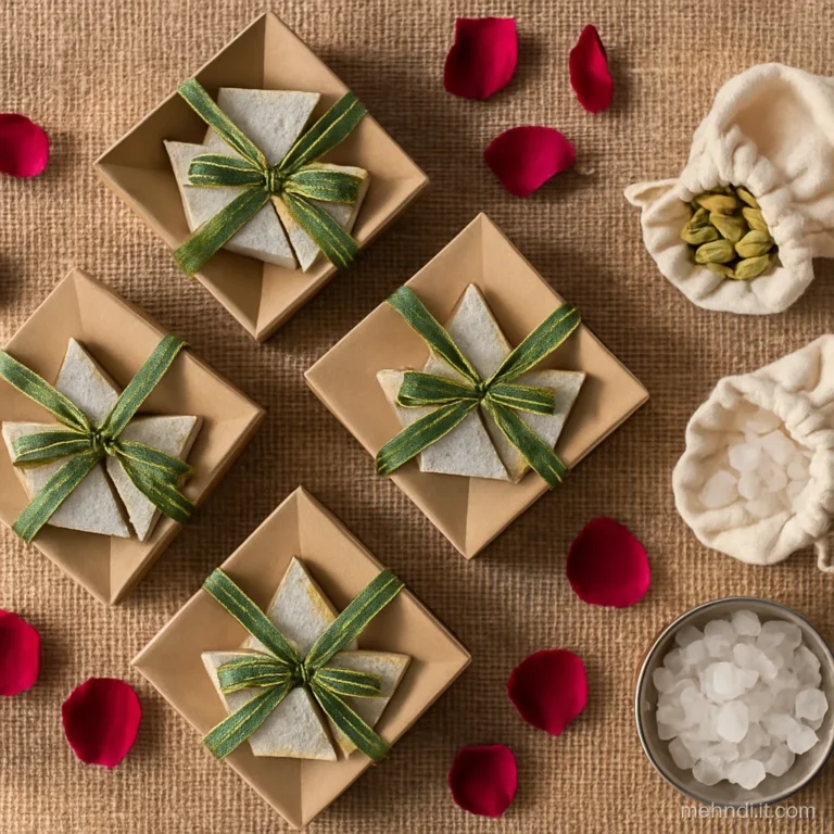 Small cloth potlis and kraft mithai boxes tied with gota ribbon on a jute mat