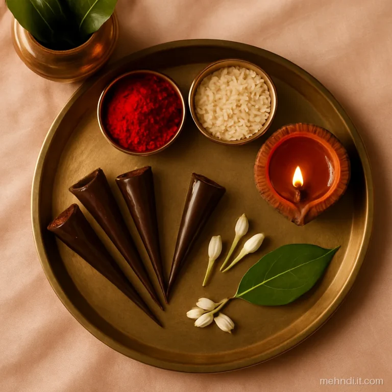 Brass welcome thali with roli, rice, a small diya and henna cones for the guests