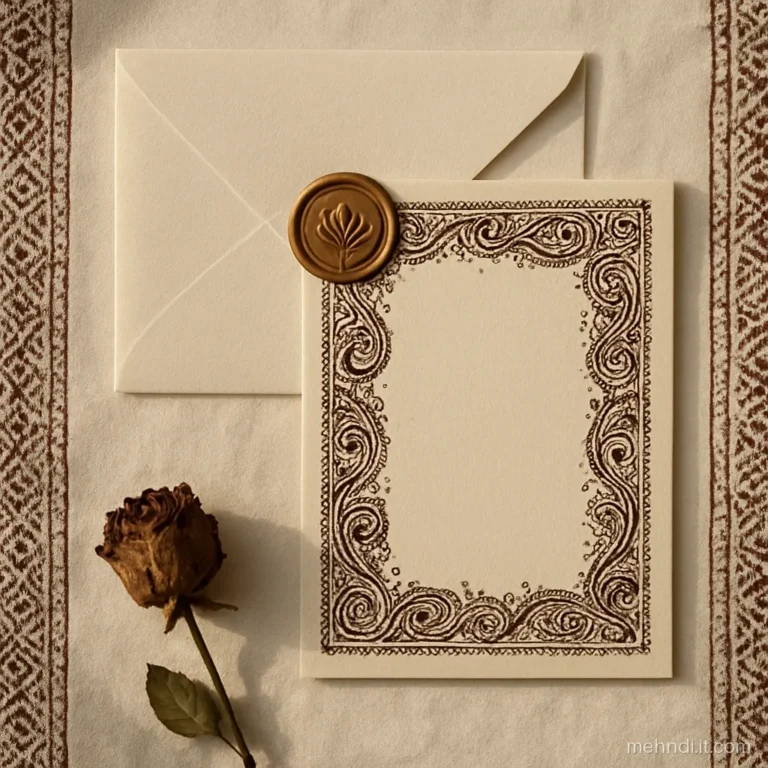 Blank cream invitation card with a henna-style border of paisleys and an envelope