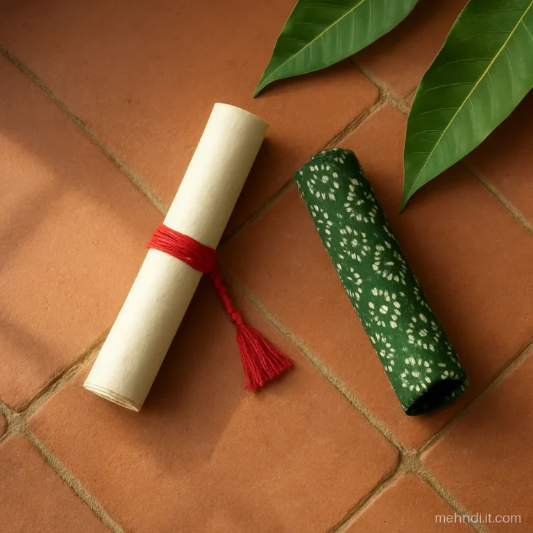 Rolled scroll invitation tied with a red thread inside an open cloth-covered tube