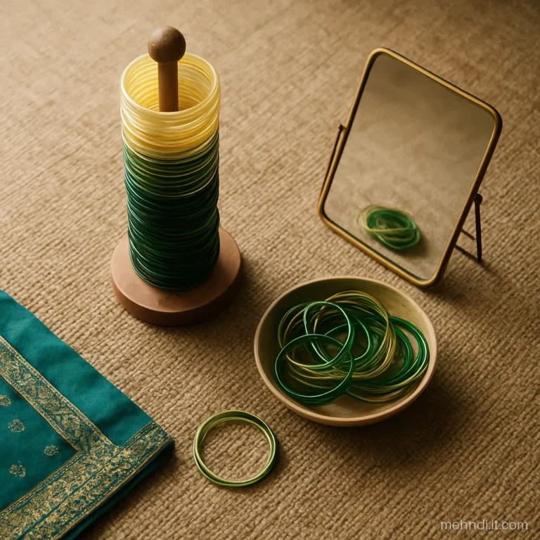 Wooden bangle stand with stacks of glass bangles sorted by colour