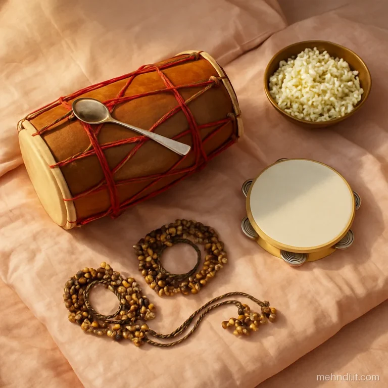 Music corner with a dholki, a steel spoon, a tambourine and floor cushions