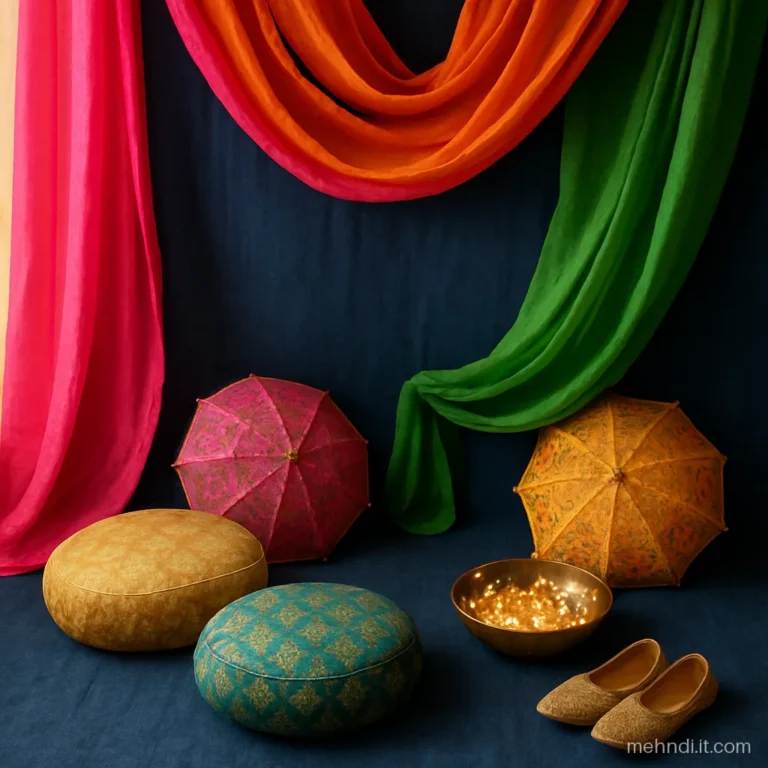Photo corner with colourful dupattas hung as a canopy over floor cushions