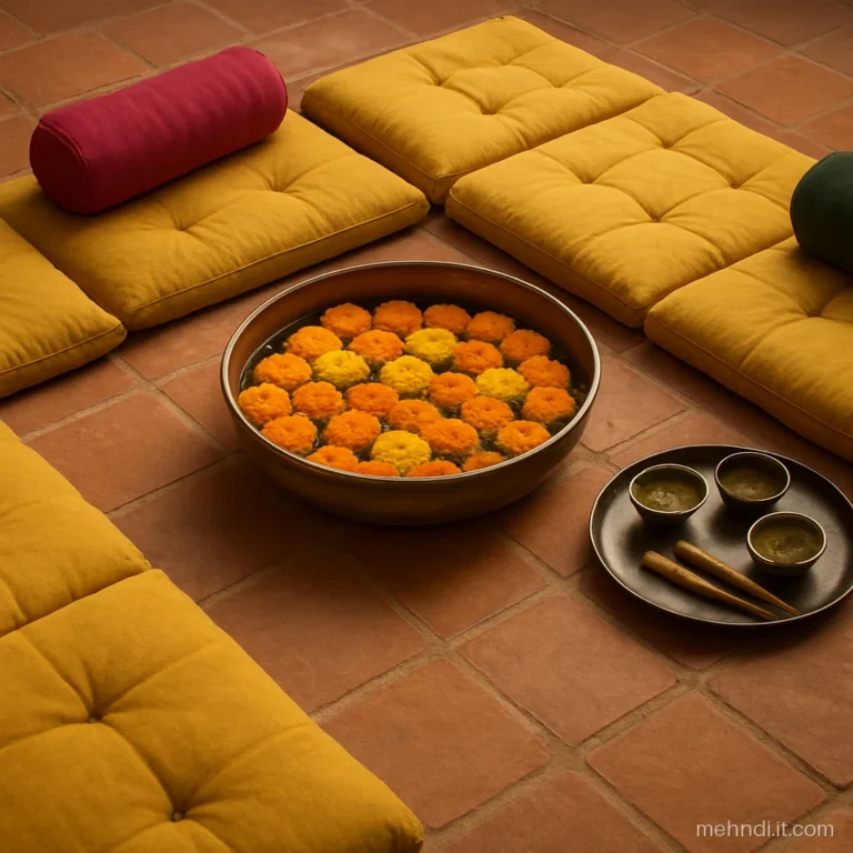 Low floor seating with mustard gaddas, round bolsters and a brass urli in the middle