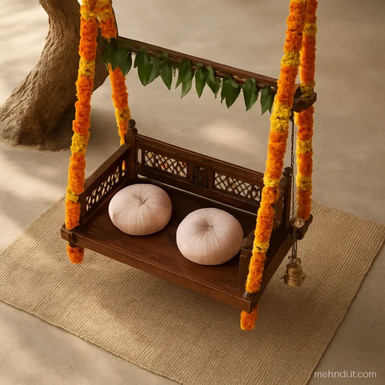 Empty wooden swing for the bride wrapped in marigold strings with cushions on its seat