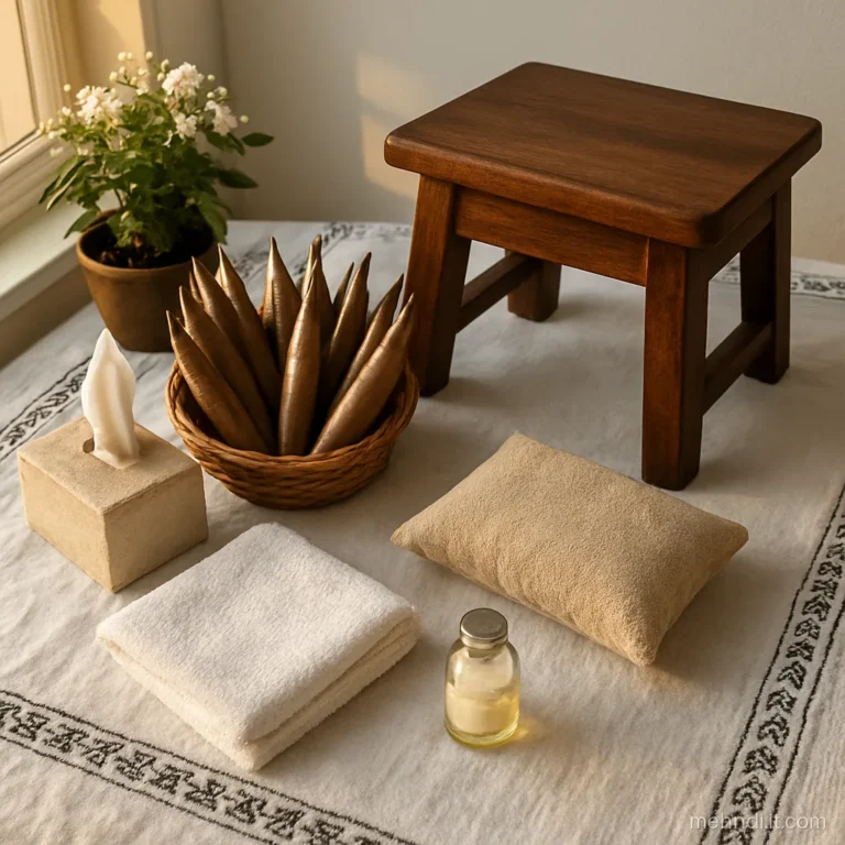 Mehndi artist station with a low stool, cone basket, tissues and a lemon-sugar bottle