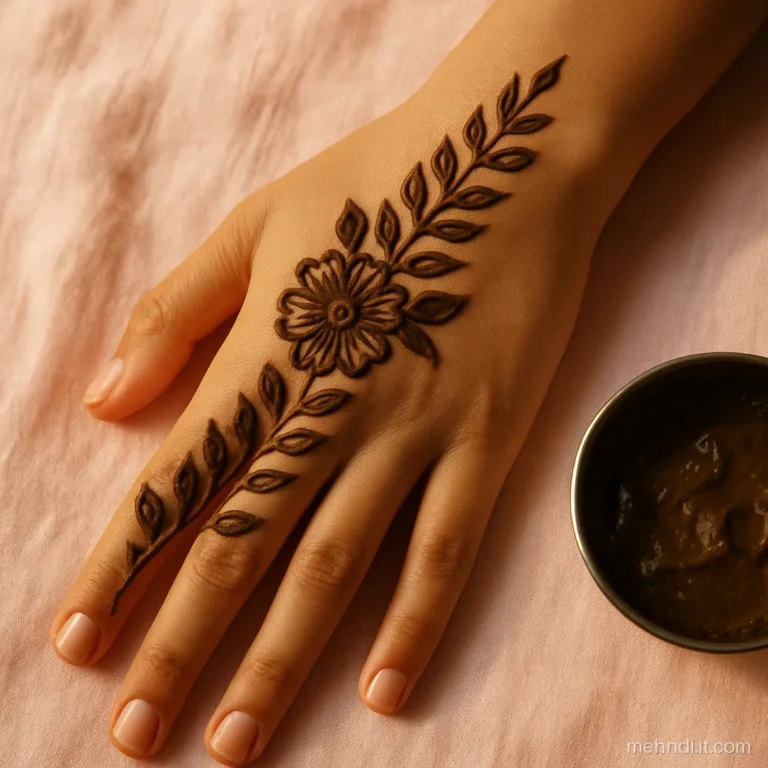 Bold Arabic leaf trail running diagonally across a teenage girl's palm.