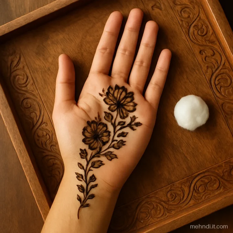 Arabic flowers trailing down the thumb side of a girl's hand to the wrist.