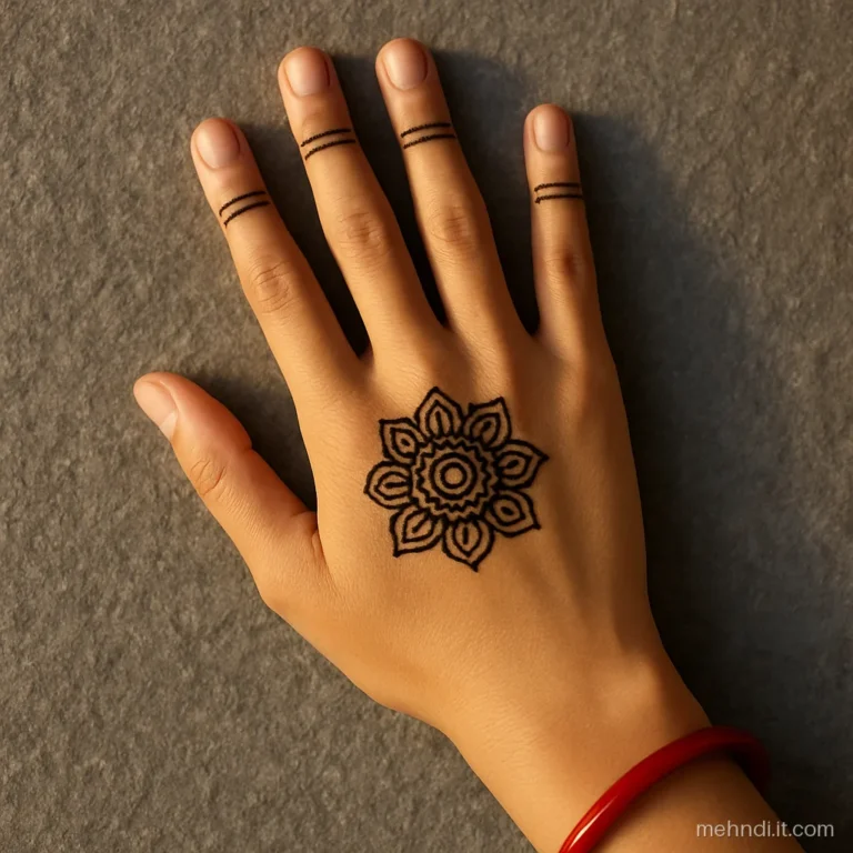 Small mandala on the back of a girl's hand with thin outline finger caps.