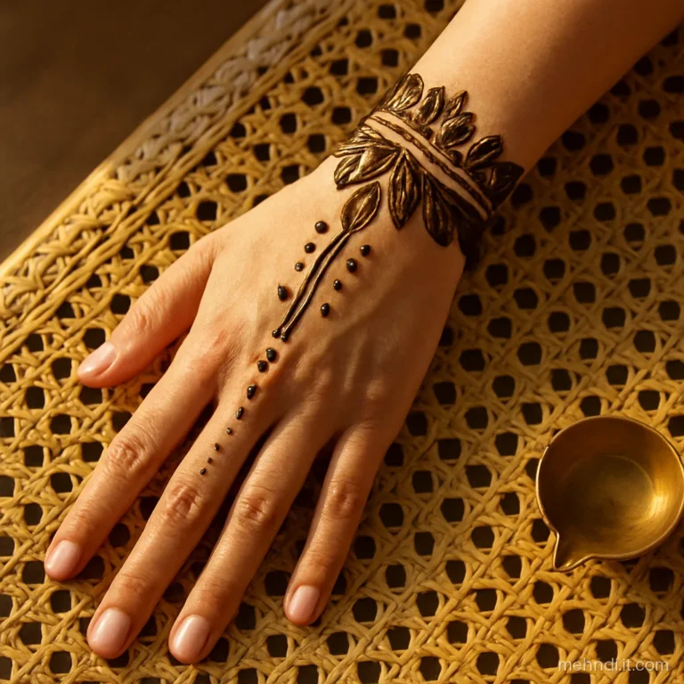 Cuff of overlapping leaves wrapped around the wrist of a young girl.