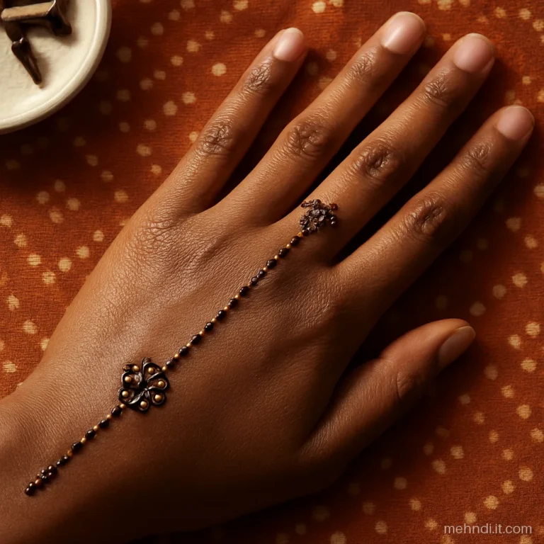 Girl's back hand with a ring on the middle finger linked to a wrist chain.