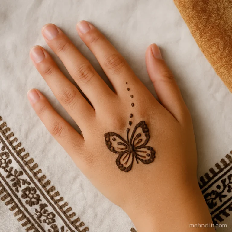 Teen girl's palm with a small butterfly and scattered dots in fresh henna.