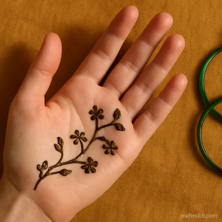 Thin blossom branch with five petal flowers drawn across a girl's palm.