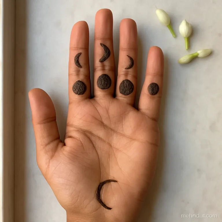 Moon phases drawn one per finger across a young girl's palm in henna.
