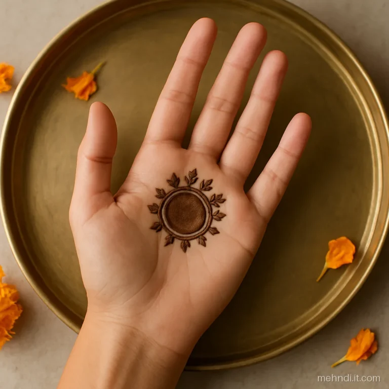 Round gol tikki in the palm with a ring of small leaves around it.
