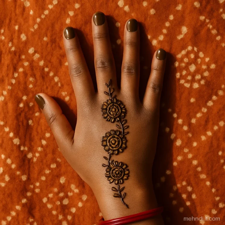 Three flowers stepping down from fingers to wrist on a girl's full hand.
