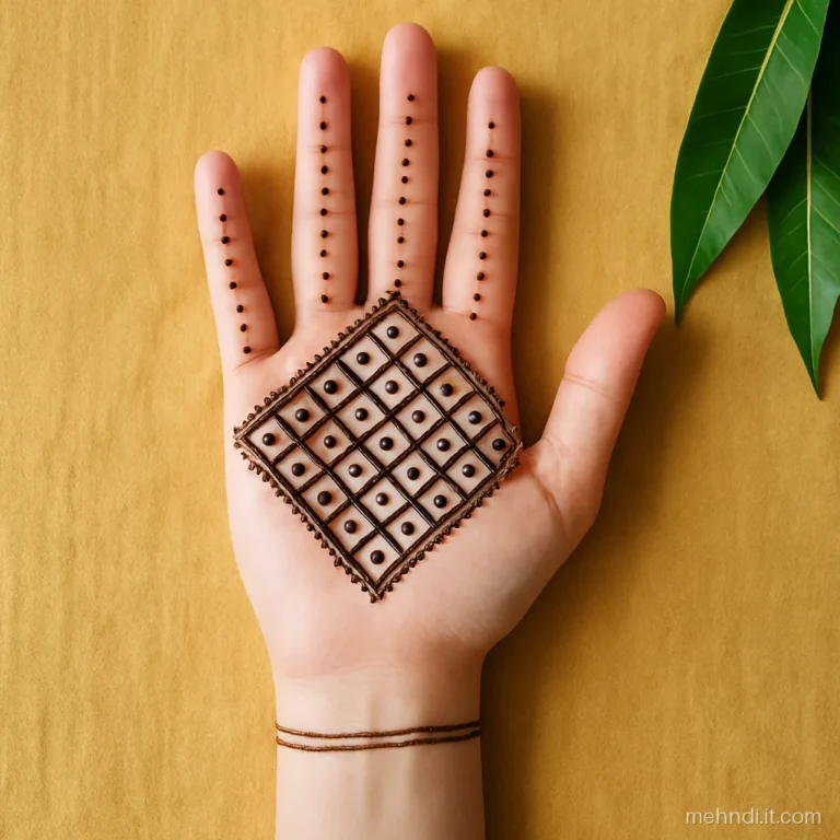 Girl's full palm covered with an open jaal and dotted finger stripes.