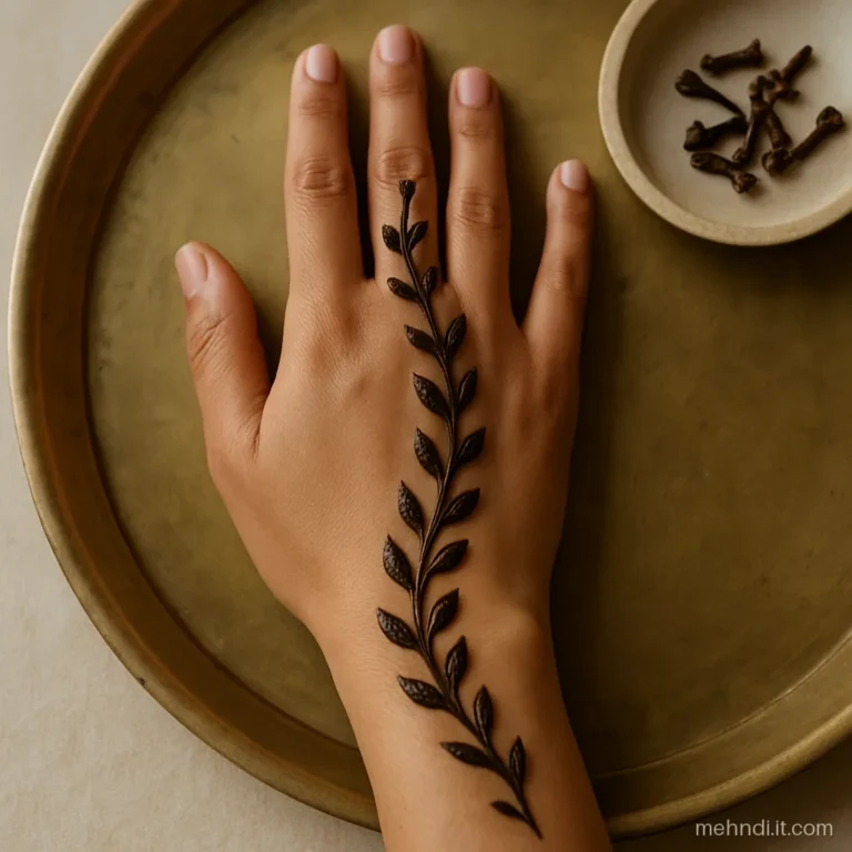 Simple full hand mehndi for a girl with one vine from finger to forearm.