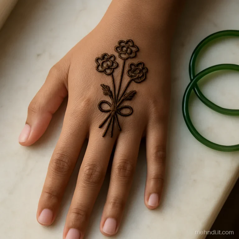Flower bunch tied with a ribbon on the back of a girl's hand.