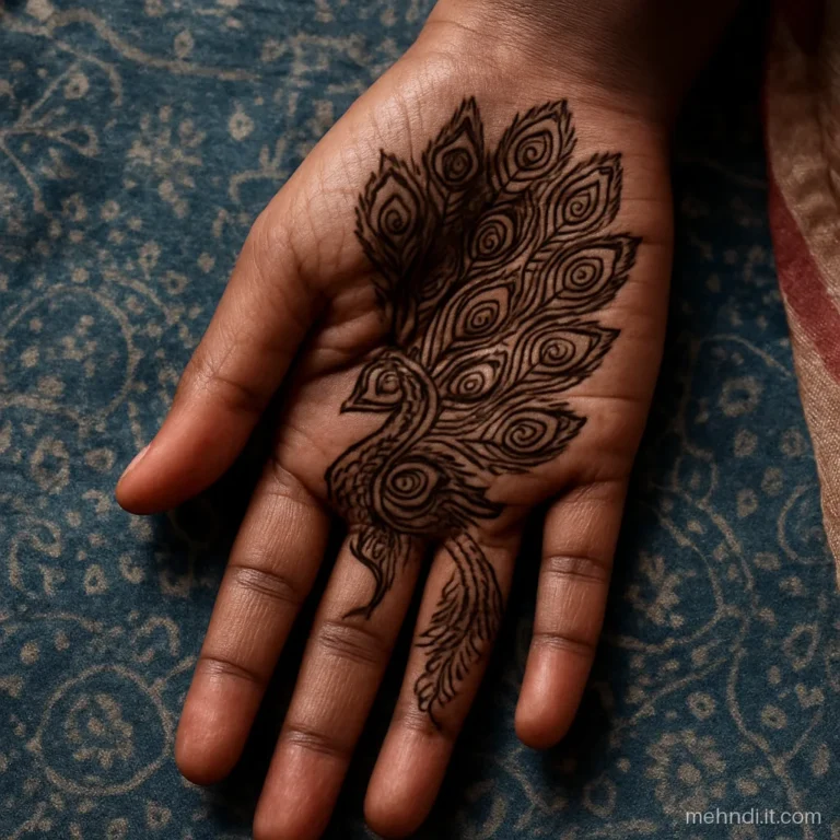 Detailed peacock on a girl's palm made for a school mehndi competition.