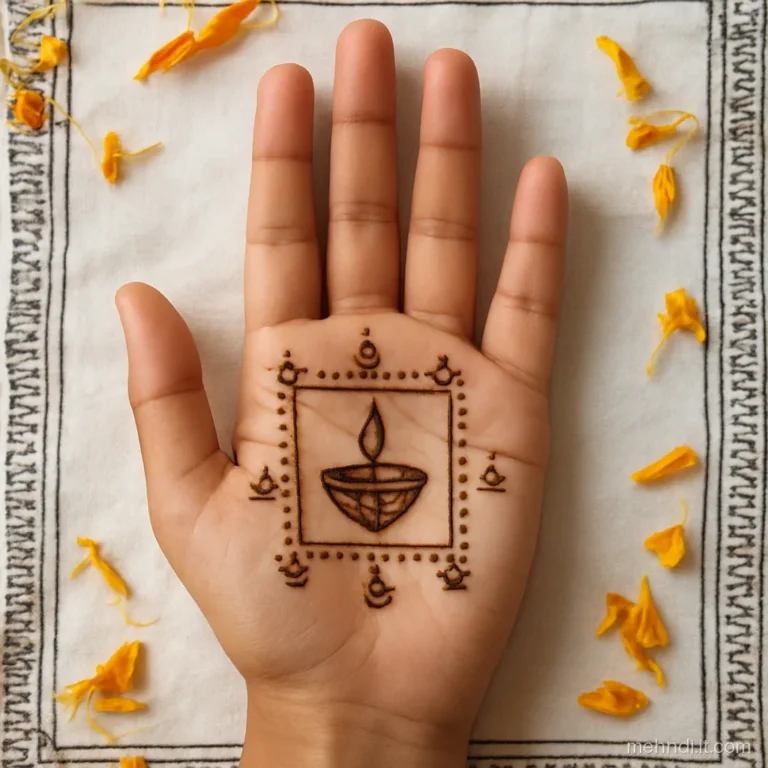 Girl's palm with a diya and a dotted rangoli pattern for a school function.