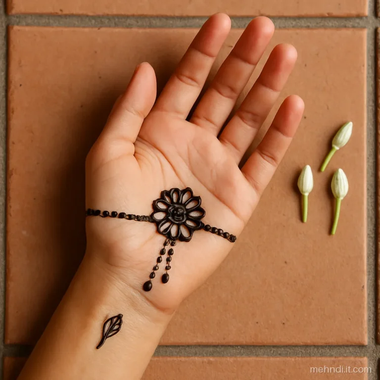 Rakhi shaped band with a flower centre around a girl's wrist.