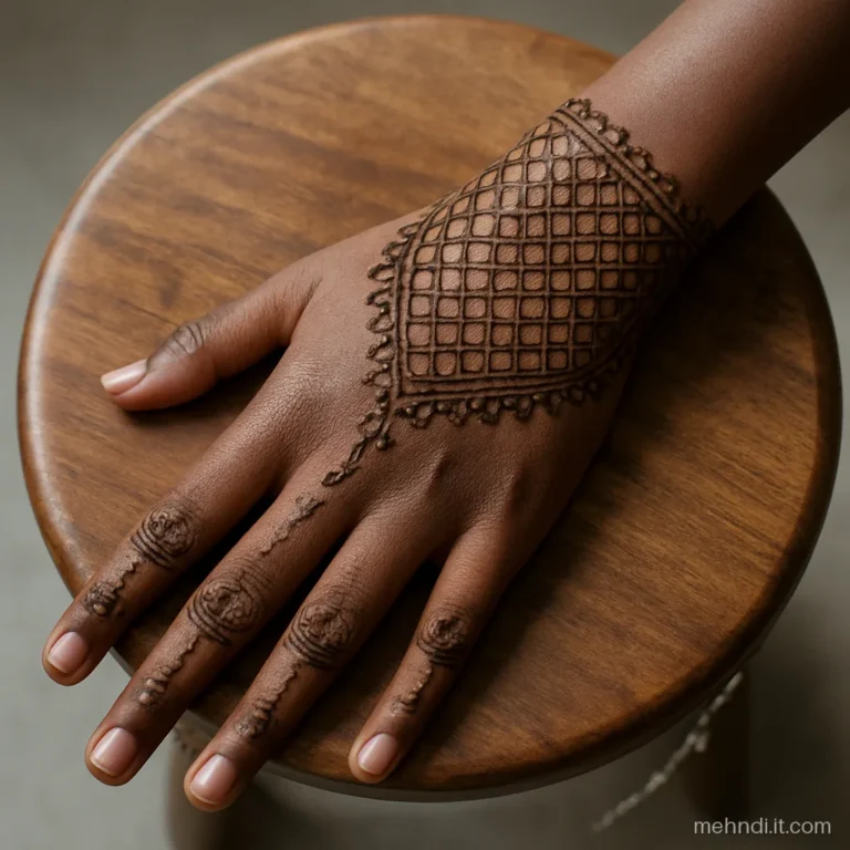 Lace glove style henna covering the back of a girl's hand and fingers.