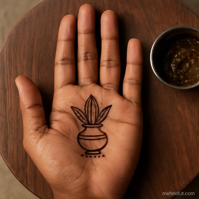 Simple kalash with mango leaves and coconut on an older man's palm
