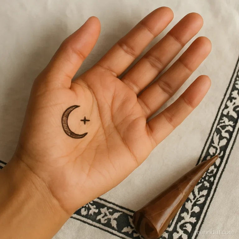 Crescent moon and small star drawn in henna on a man's thumb pad