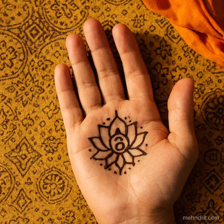 Small lotus on a groom's palm with a curling monogram flourish hidden inside