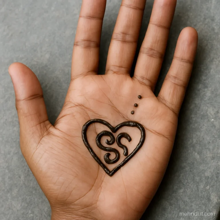 Double outline heart on the lower palm of a man with a swirl monogram