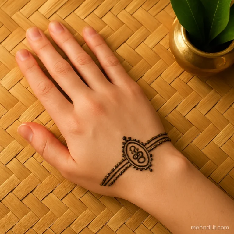 Thin henna wrist band with a small oval monogram cartouche on a groom's kalai