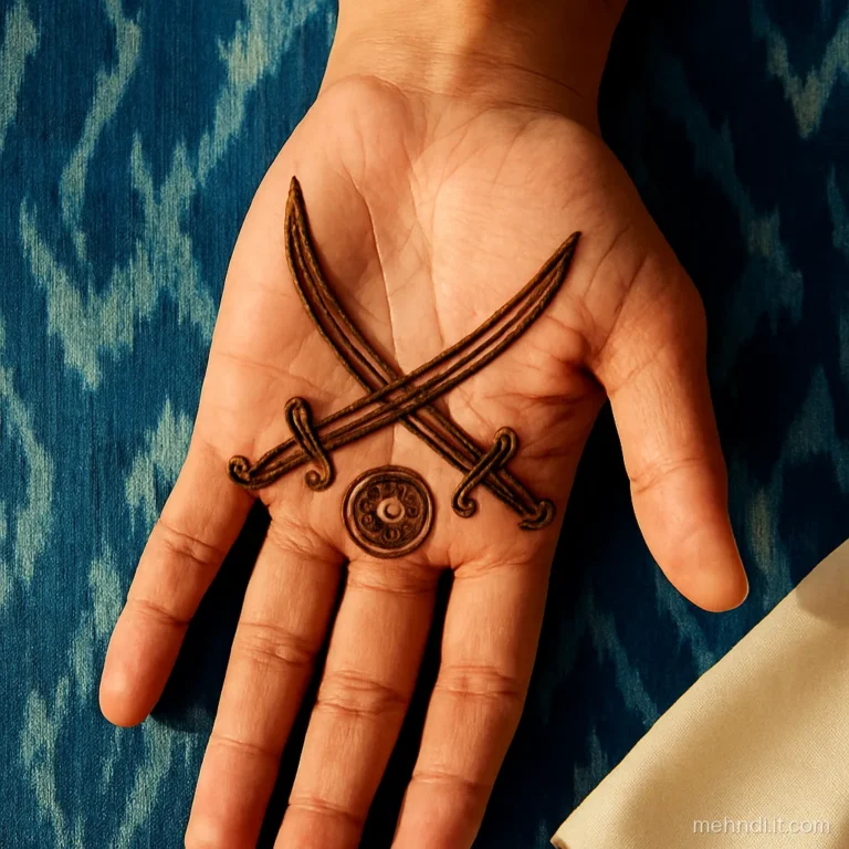 Two crossed curved swords drawn in henna on the centre of a man's palm