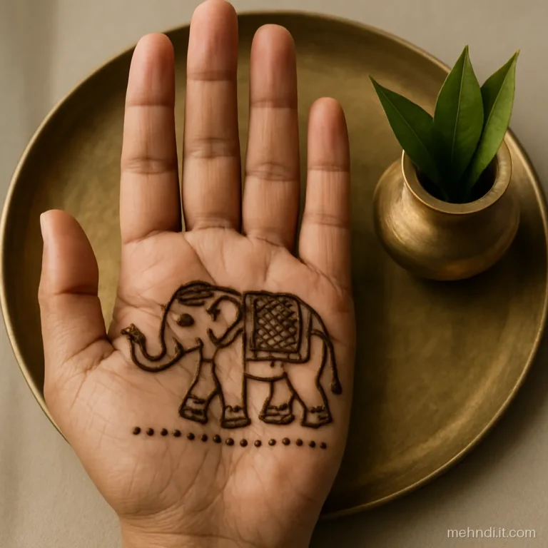 Decorated elephant facing a kalash with mango leaves on a groom's palm