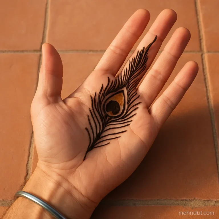 Peacock feather in henna running from palm centre up the index finger