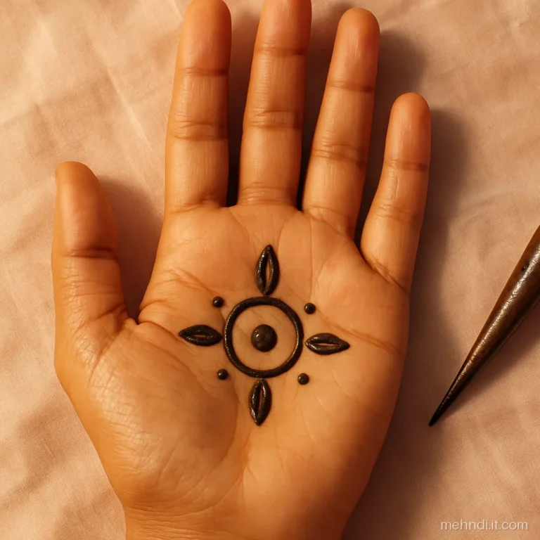 Groom's palm with a small open circle and four almond petals around it