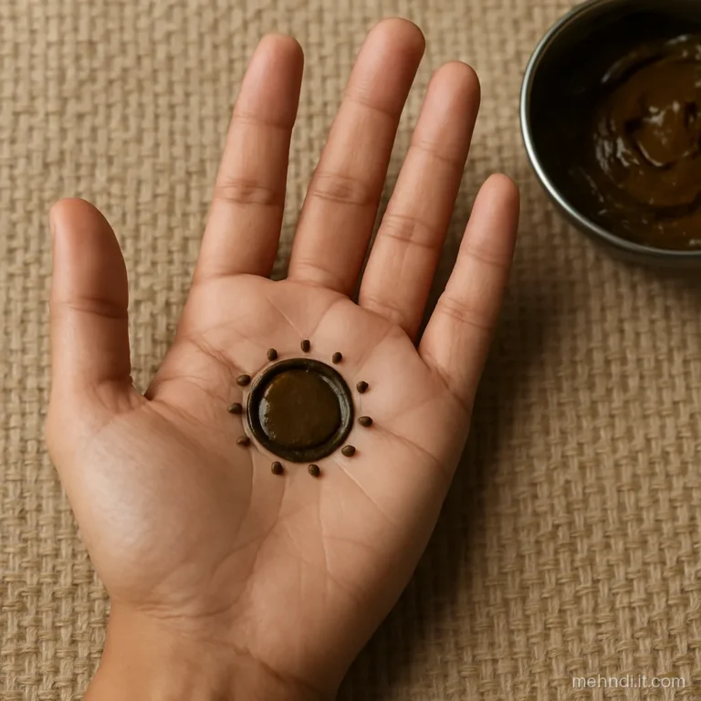 Man's palm with one round shagun gol tikki circled by eight tiny henna dots