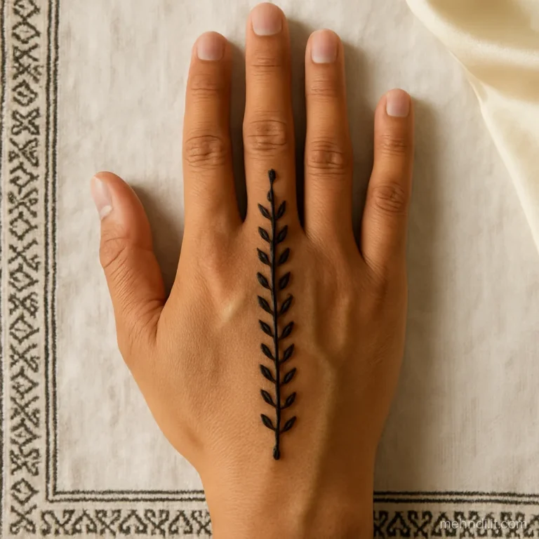 Single vertical leaf vine from wrist to middle finger on a groom's palm