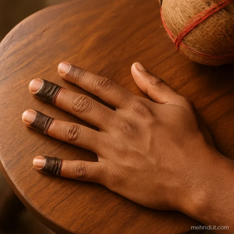 Ring and little fingertips of a man's palm capped with solid henna