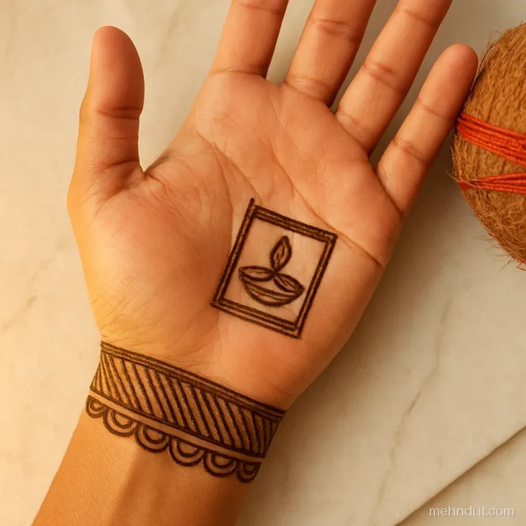Broad diagonal striped wrist band with a small diya motif on a groom