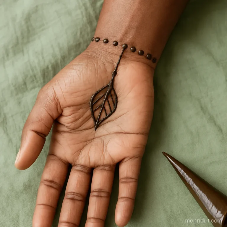 Dot bracelet of henna on a man's wrist with one leaf hanging down