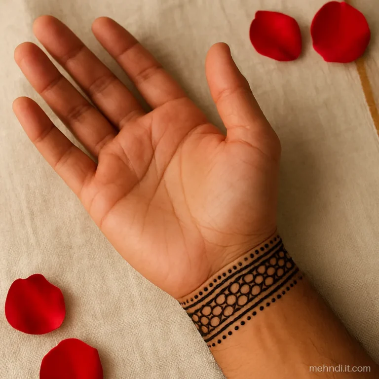 Checkered henna kangan band on the inner wrist of a man, palm bare