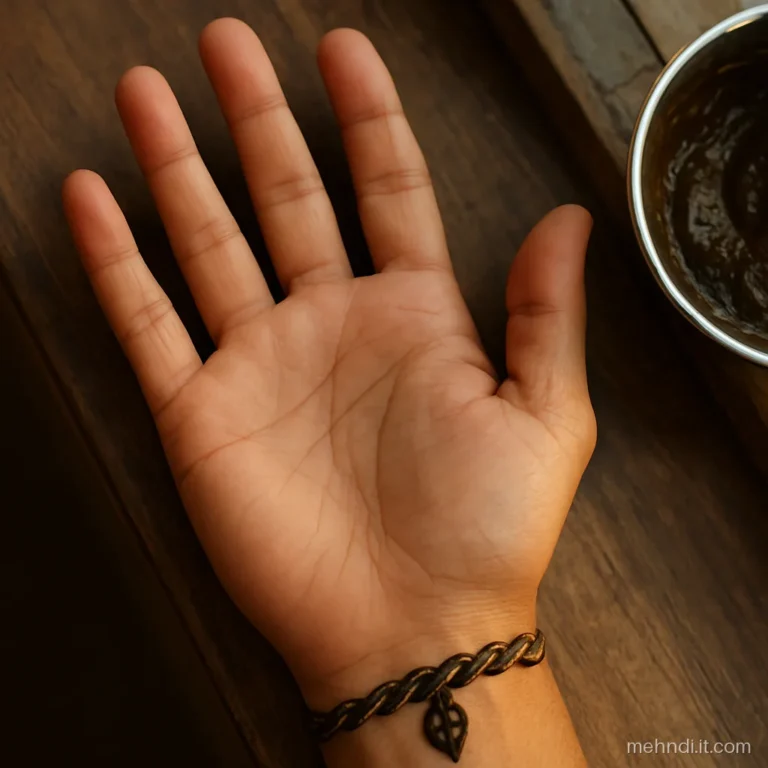 Twisted rope pattern henna band around a groom's wrist with a hanging leaf