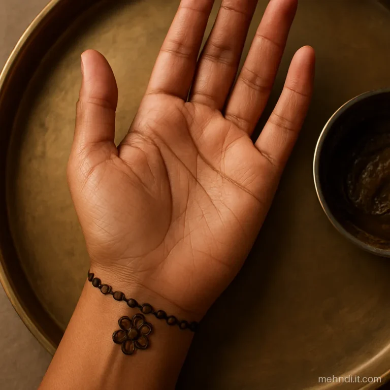 Bracelet mehndi design of round beads around the wrist with a centre charm