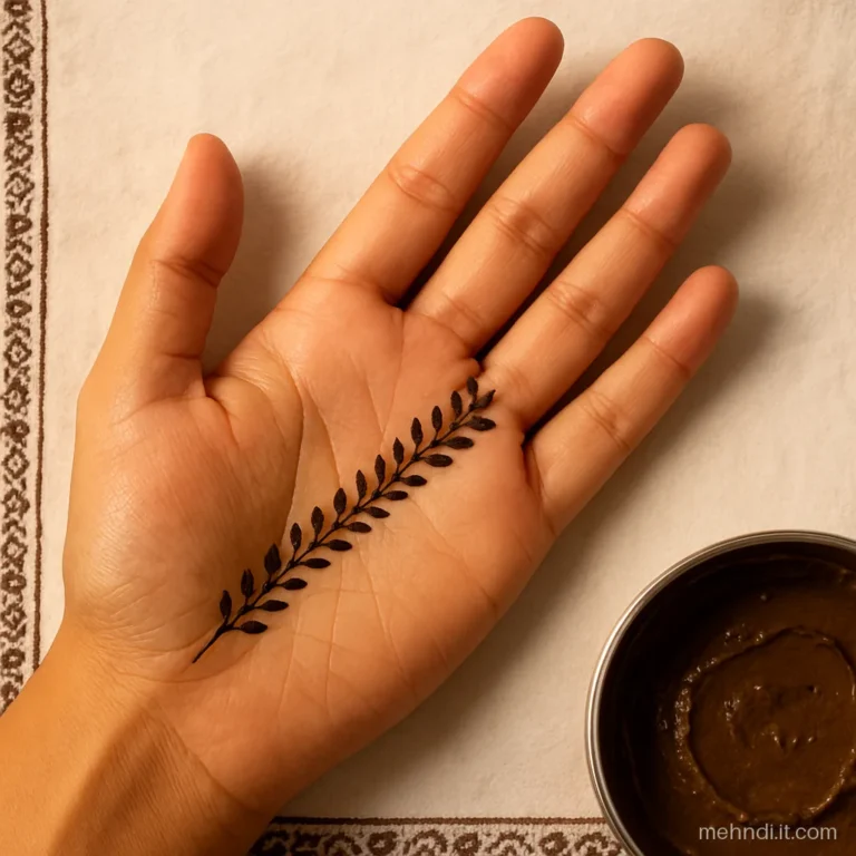 Narrow diagonal stripe of tiny leaves crossing the palm