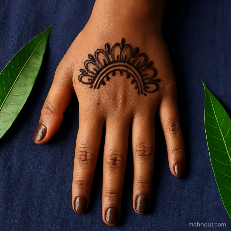 Arch shaped design under the fingers with finger caps and a dot fringe