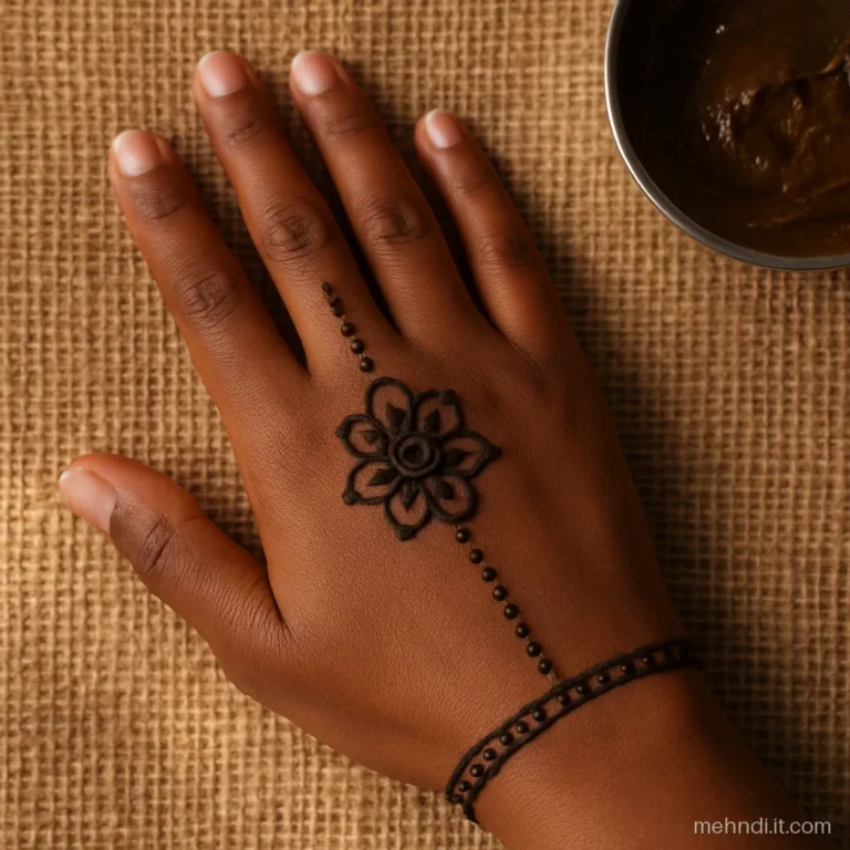 Back hand with a centre flower joined by chains to a ring and a wrist band