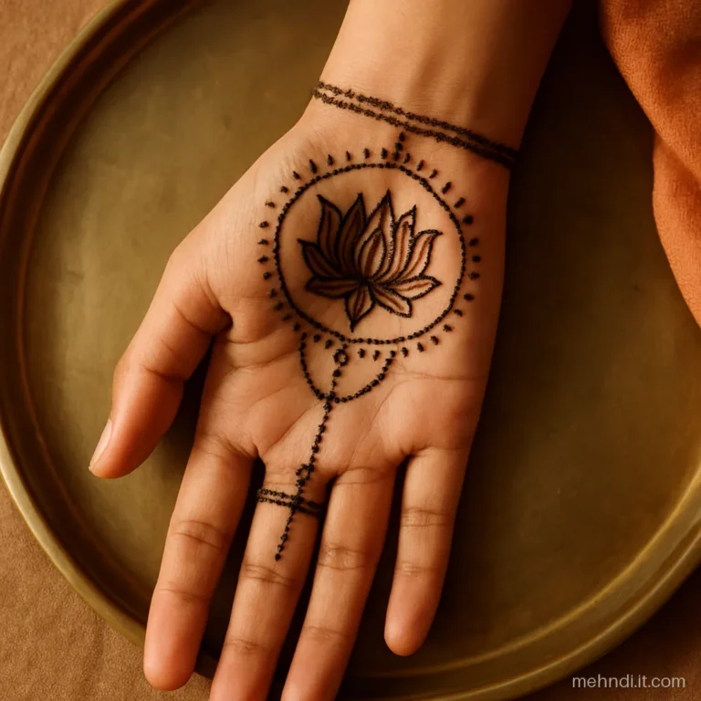 Haath phool drawn on the palm with a lotus centre and thin chains